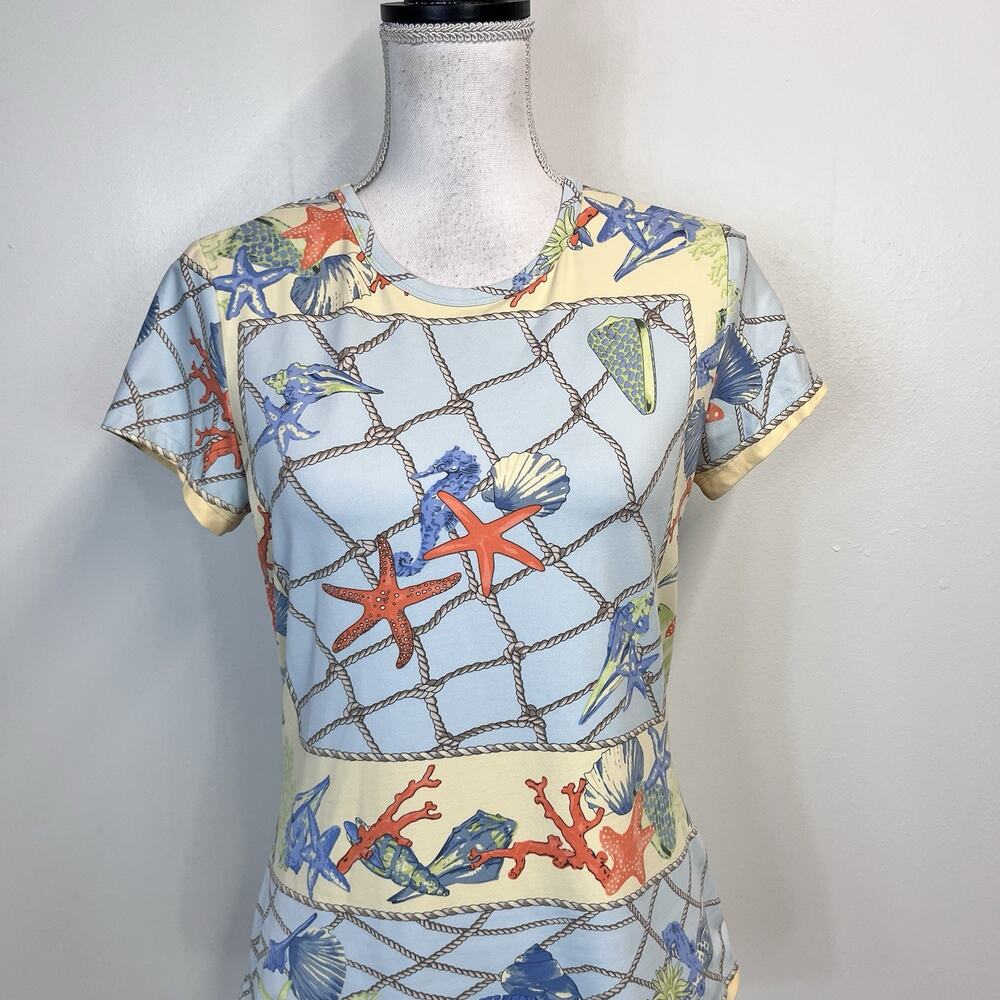 J. McLaughlin Top T Shirt size Small Blue Orange Starfish Shells Ocean Beach - Picture 2 of 8